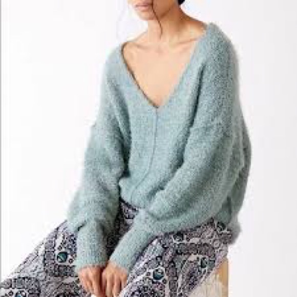 Free People Fuzzy V-Neck Sweater in Spring mist. Oversized XS! - Picture 2 of 9